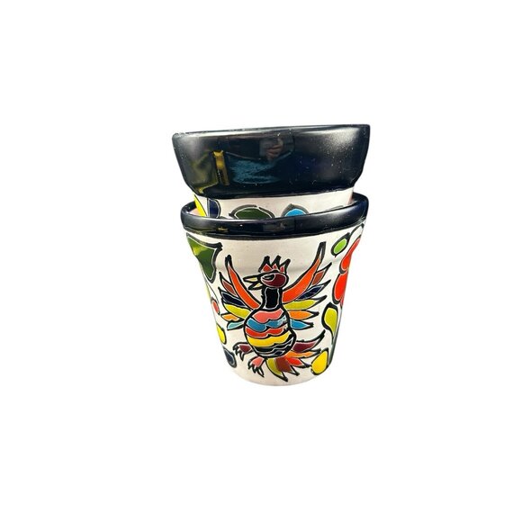 Pottery Planter Red Ware Mexico Set 2 Fish Rooster Floral Talavera Colorful 4" - Picture 8 of 8